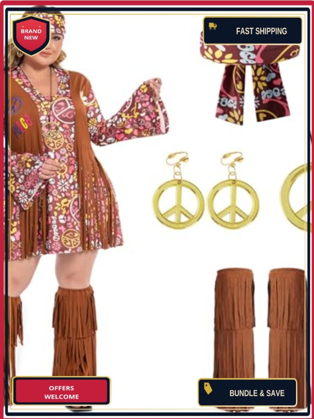 Fairycece 70s Hippie Costume Set Plus Size Floral Disco Dress 5 Piece